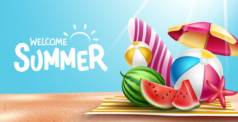 Summer greeting vector design. Welcome summer text in sand beach background with tropical season objects for holiday vacation outdoor picnic. Vector illustration.  © Zeinous