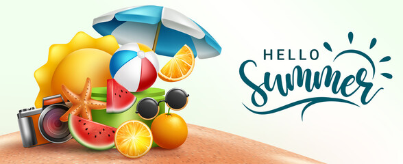 Summer season vector design. Hello summer typography text with tropical holiday elements in sand beach background for fun and enjoy outdoor day vacation. Vector illustration.
 - obrazy, fototapety, plakaty