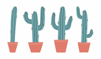 Set of cacti in a pot. Hand drawn vector illustration. Image of cactus on a white background. Isolated