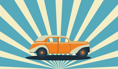 yellow retro car on white and blue background