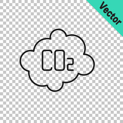 Black line CO2 emissions in cloud icon isolated on transparent background. Carbon dioxide formula, smog pollution concept, environment concept. Vector