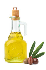 Glass bottle with olive oil isolated on white background