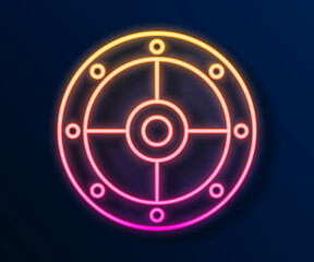 Glowing neon line Round shield icon isolated on black background. Security, safety, protection, privacy, guard concept. Vector