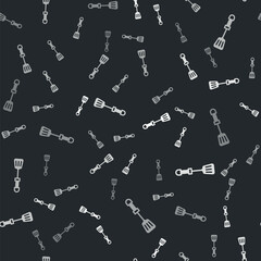 Grey Spatula icon isolated seamless pattern on black background. Kitchen spatula icon. BBQ spatula sign. Barbecue and grill tool. Vector