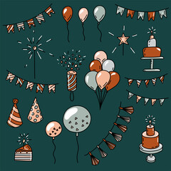 Set of isolated elements for a birthday party. Hand drawn vector illustration in doodle style