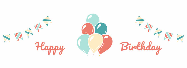 Happy birthday banner with text, flags and balloons. Hand drawn vector illustration. Party invitation and postcard