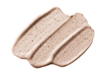 Face cream scrub texture. Exfoliating skin care product swatch smear smudge isolated on white background. Gentle creamy scrub cleanser sample close up.