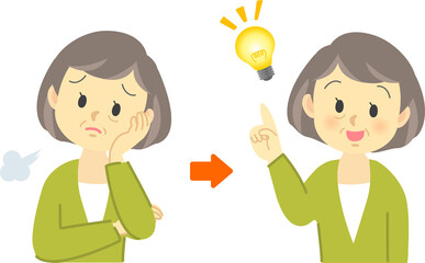 イラスト素材：シニア女性が悩み考え込む姿から名案が浮かんだ姿までのセット
