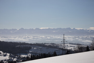 Mountain views in winter, snow and sun