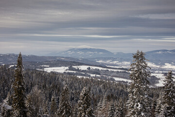 Mountain views in winter, snow and sun