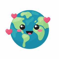 Cute Earth planet character with hearts isolated on white background. Vector illustration