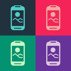 Pop art Smartphone, mobile phone icon isolated on color background. Vector