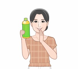 ペットボトルのお茶をもつ女性