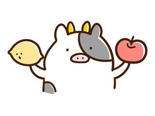 果物を持つかわいいうしのキャラクターの手書き風イラスト