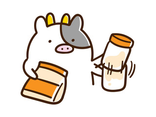 プロテインを振るかわいいうしのキャラクターの手書き風イラスト