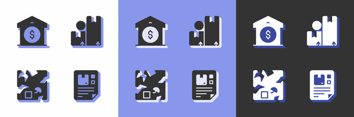 Set Waybill, Warehouse price, Broken cardboard box and Carton icon. Vector