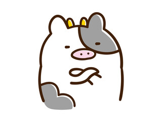 腕を組んで考えるかわいいうしのキャラクターの手書き風イラスト