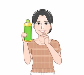 ペットボトルのお茶をもつ女性