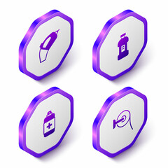 Set Isometric Portable vacuum cleaner, Bottle for detergent, Antibacterial soap and Toilet paper roll icon. Purple hexagon button. Vector
