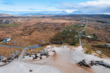 Aerial view on Omey island beach, high tide, passage to the island under water. Beautiful scenery...