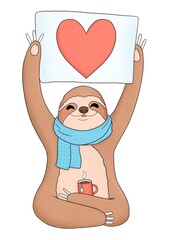 Cute sloth in scarf with coffee and heart