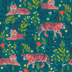Fototapeta na wymiar Pattern with tigers and tropical plants. Vector graphics.