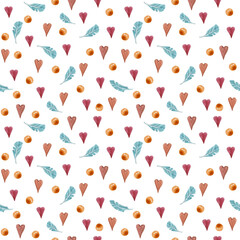 Seamless pattern with red hearts, minimalistic simple pattern, feathers and dots.