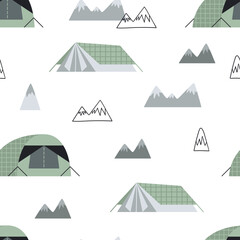 Seamless vector pattern with mountains and tents. Camping vector illustration