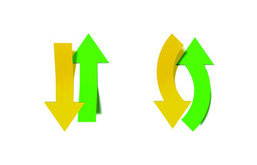 Vector Yellow and Green 3D Arrows, Straight and Curve Arrows Set, Recycling Sign, Colourful Directional Symbols.