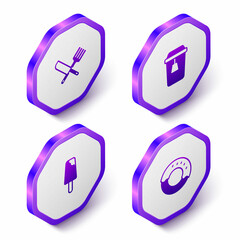 Set Isometric Crossed knife and fork, Cup of tea, Ice cream and Donut icon. Purple hexagon button. Vector