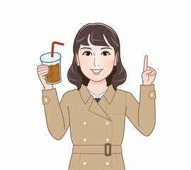 コーヒーを持って歩く女性