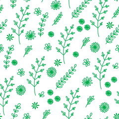 Seamless pattern of botanical plant doodle elements on a white background. Summer wild flowers and herbs. For the design of fabrics and wrapping paper.