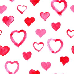 Seamless pattern with different watercolor red hearts for textile and wrapping paper design. Valentine's day wallpaper.