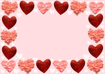 Festive card for Valentine's Day. Red and pink hearts on a pink background. copy space. Frame from hearts.