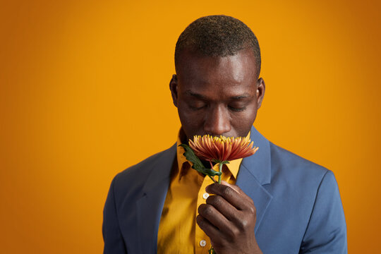 African-American Young Man In Yellow Shirt And Blue Jacket Smelling Flower While Standing In Front Of Camera In Isolation