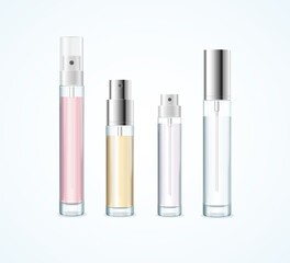 Obraz premium Realistic Detailed 3d Different Cosmetics Perfume Bottle Tester Empty Template Mockup Set. Vector