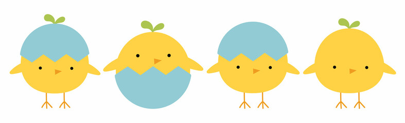Chicken bird set line. Cute cartoon funny kawaii baby character. Happy Easter. Flat design. Greeting card. Pastel color background. Easter chicks in egg shells.Funny yellow chickens in different poses