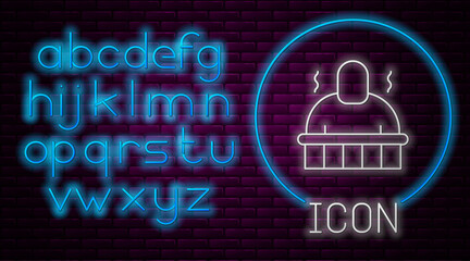 Glowing neon line Sauna and spa procedures icon isolated on brick wall background. Relaxation body care and therapy, aromatherapy and wellness. Neon light alphabet. Vector