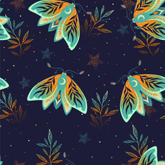Fototapeta na wymiar Elegant celestial seamless pattern with herbs. Boho magic background with space elements stars, butterflies. Design for card, fabric, print, greeting, cloth, poster, clothes, textile.