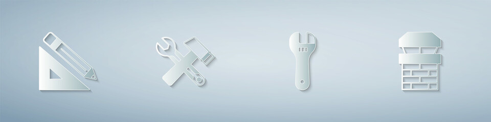 Set Triangular ruler and pencil, Hammer wrench spanner, Adjustable and Chimney. Paper art style. Vector