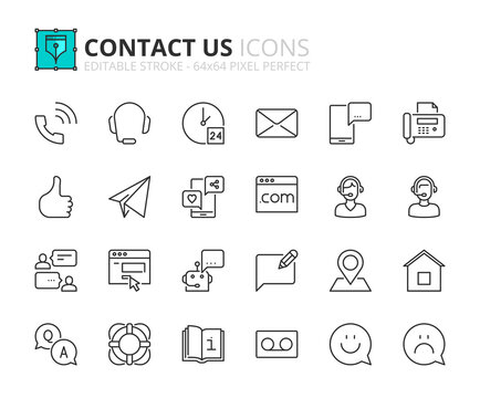 Simple set of outline icons about contact us. Communication concept.