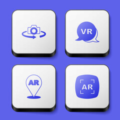 Set 360 degree view, Virtual reality, Augmented AR and icon. White square button. Vector