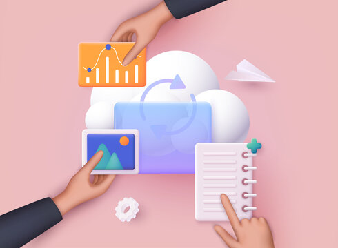 People sharing documents and files using cloud. Digital file organization service or app with data transfering. 3D Web Vector Illustrations.