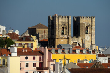 View of the cathedral and the city of Lisbon from the viewpoint of the elevator of Santa Justa....