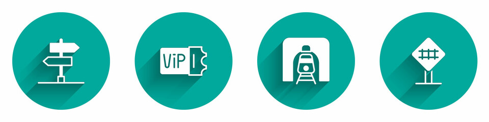 Set Road traffic sign, Train ticket, railway tunnel and Railroad crossing icon with long shadow. Vector