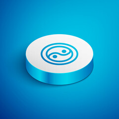 Isometric line Yin Yang symbol of harmony and balance icon isolated on blue background. White circle button. Vector