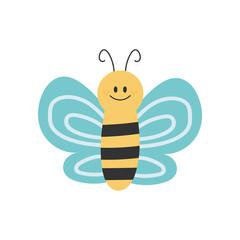 Lovely simple design of a cartoon yellow and black bee on a white background. Hand drawn style