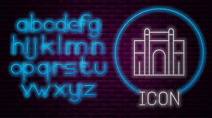 Glowing neon line India Gate in New Delhi, India icon isolated on brick wall background. Gate way of India Mumbai. Neon light alphabet. Vector