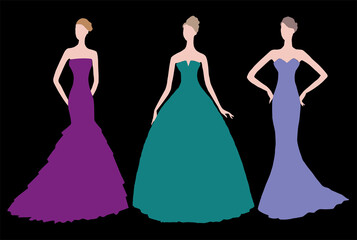 Vector drawing of silhouettes slim beautiful young women in evening gowns