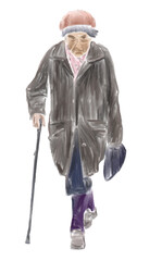 Watercolor vector drawing of casual old woman with walking cane strolling outdoors
